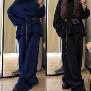Вязаный костюм oversize с высоким воротником — свитер и широкие брюки